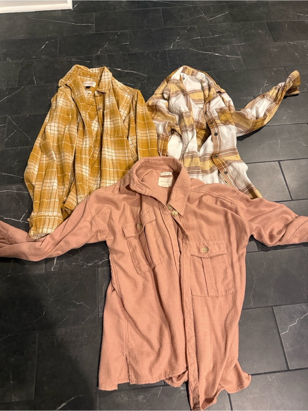 Flannels Lot XS American Eagle & Target Mustard Plaid, Tan Plaid, Dusty Rose